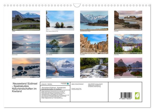 Produktbild: Neuseeland S&uuml;dinsel - Spektakul&auml;re Naturlandschaften im Kiwiland (Wandkalender 2026 DIN A3 quer), CALVENDO Monatskalender