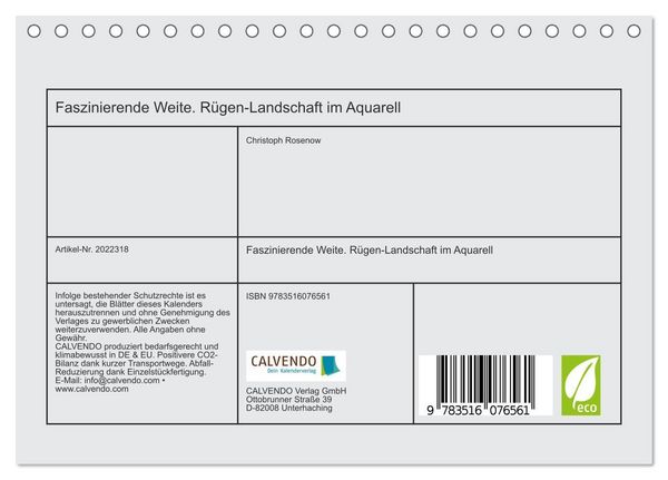 Produktbild: Faszinierende Weite. R&uuml;gen-Landschaft im Aquarell (Tischkalender 2026 DIN A5 quer), CALVENDO Monatskalender
