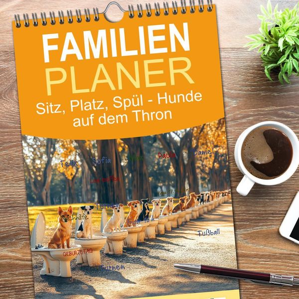 Produktbild: Familienplaner 2026 - Sitz, Platz, Sp&uuml;l - Hunde auf dem Thron mit 5 Spalten (Wandkalender, 21 x 45 cm) CALVENDO