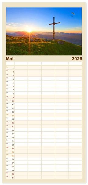 Produktbild: Familienplaner 2026 - Gipfelkreuze im Sonnenlicht mit 5 Spalten (Wandkalender, 21 x 45 cm) CALVENDO
