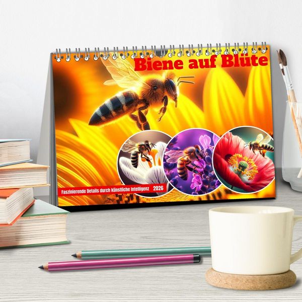 Produktbild: Biene auf Bl&uuml;te - Faszinierende Details durch k&uuml;nstliche Intelligenz (Tischkalender 2026 DIN A5 quer), CALVENDO Monatskalender