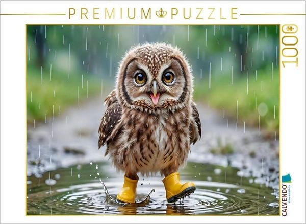CALVENDO Puzzle Eule mit Gummistiefeln - Kleine Eule im Pfützenglück | 1000 Teile Lege-Größe 64x48cm Foto-Puzzle für glückliche Stunden