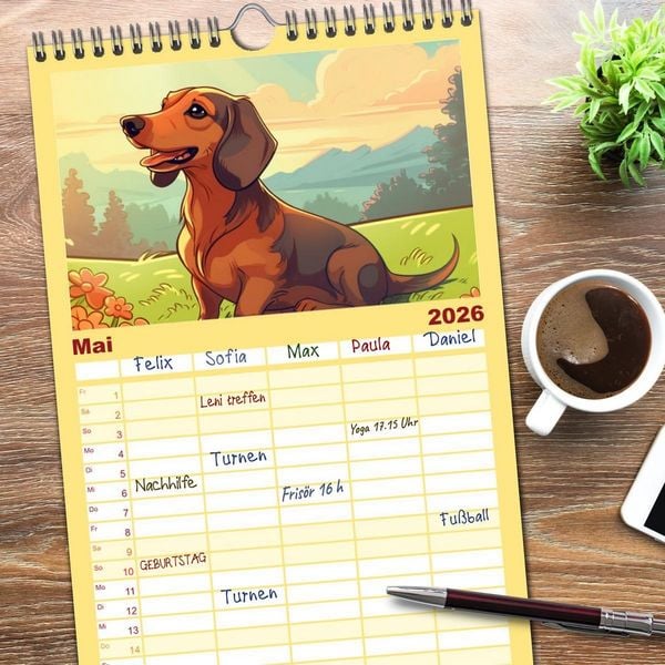 Produktbild: Familienplaner 2026 - Dackel mit 5 Spalten (Wandkalender, 21 x 45 cm) CALVENDO