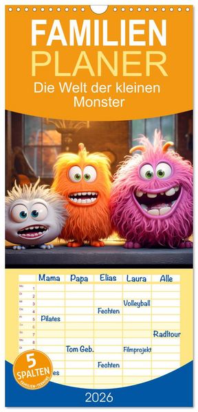 Familienplaner 2026 - Die Welt der kleinen Monster mit 5 Spalten (Wandkalender, 21 x 45 cm) CALVENDO
