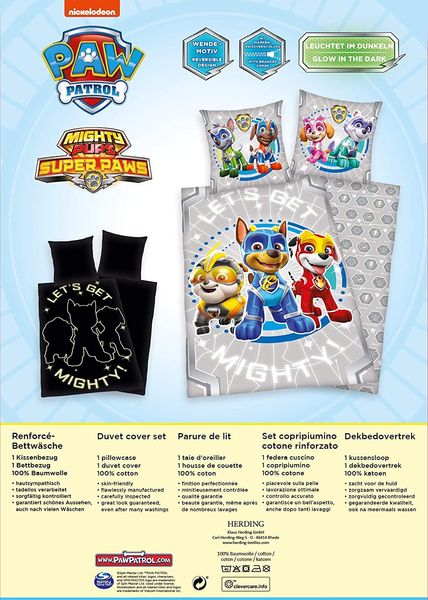 Herding 4432416050 - Young Collection, Paw Patrol, Glow in the dark, Bettwäsche-Set, Cotton, grau, 80 x 80 cm, 135 x 200 cm