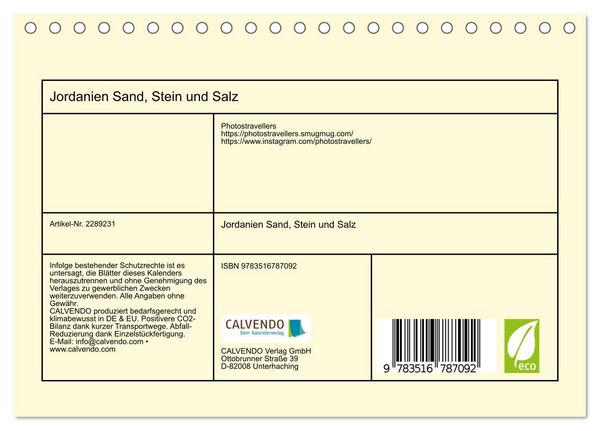 Produktbild: Jordanien Sand, Stein und Salz (Tischkalender 2027 DIN A5 quer), CALVENDO Monatskalender