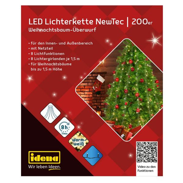 Produktbild: Idena Lichterkette NewTec Weihnachtsbaum-&Uuml;berwurf 200 LED warmwei&szlig; f&uuml;r Innen & Au&szlig;en