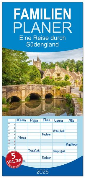 Produktbild: Familienplaner 2026 - Eine Reise durch S&uuml;dengland mit 5 Spalten (Wandkalender, 21 x 45 cm) CALVENDO