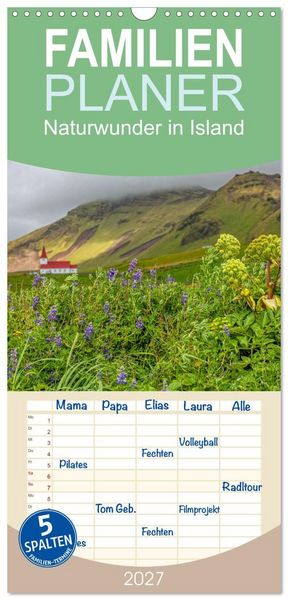 Produktbild: Familienplaner 2027 - Naturwunder in Island mit 5 Spalten (Wandkalender, 21 x 45 cm) CALVENDO