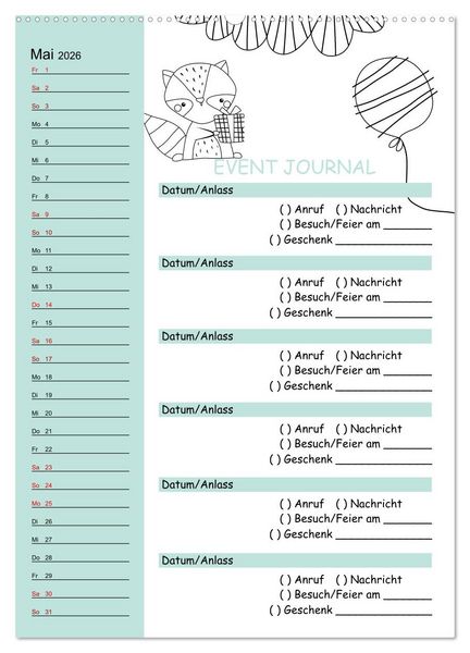 Produktbild: Geburtstagsplaner Doodle Tiere - F&uuml;r Termine, Geschenke, Eventdetails & mehr (hochwertiger Premium Wandkalender 2026 DIN A2 hoch), Kunstdruck in Hochglanz
