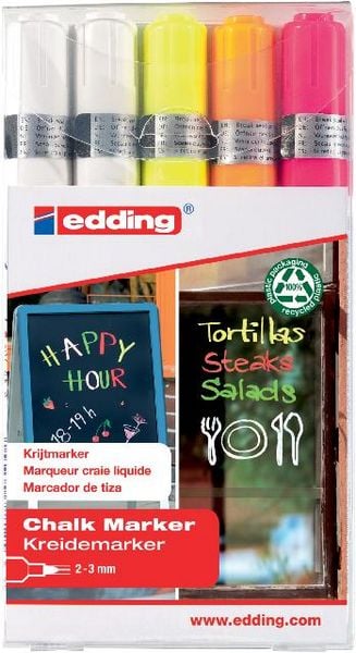 Produktbild: edding Kreidemarker 4095 Rundspitze, wei&szlig;, gelb, orange, pink, 5er Set