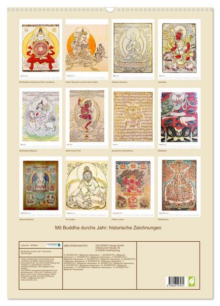 Produktbild: Mit Buddha durchs Jahr: historische Zeichnungen (Wandkalender 2026 DIN A2 hoch), CALVENDO Monatskalender