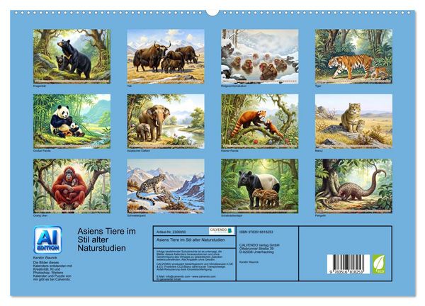 Produktbild: Asiens Tiere im Stil alter Naturstudien (hochwertiger Premium Wandkalender 2027 DIN A2 quer), Kunstdruck in Hochglanz