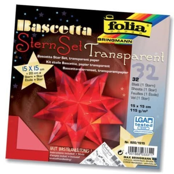 Folia Bascetta-Stern Set, TRANSPARENTPAPIER 115g/m², 15x15cm, 32 Blatt, rot