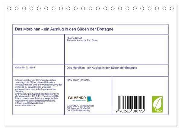 Produktbild: Das Morbihan - ein Ausflug in den S&uuml;den der Bretagne (Tischkalender 2026 DIN A5 quer), CALVENDO Monatskalender
