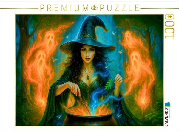 Produktbild: CALVENDO Puzzle Kr&auml;uterhexe mit Geistern am Zauberkessel | 1000 Teile Lege-Gr&ouml;&szlig;e 64x48cm Foto-Puzzle f&uuml;r gl&uuml;ckliche Stunden