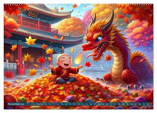 Produktbild: M&ouml;nch und Drache: Vier Jahreszeiten im Tempelgarten (hochwertiger Premium Wandkalender 2026 DIN A2 quer), Kunstdruck in Hochglanz