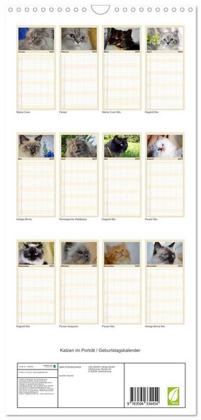 Produktbild: Familienplaner 2027 - Katzen im Portr&auml;t / Geburtstagskalender mit 5 Spalten (Wandkalender, 21 x 45 cm) CALVENDO