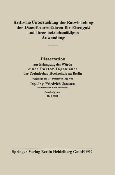 Produktbild: Kritische Untersuchung der Entwickelung der Dauerformverfahren f&uuml;r Eisengu&szlig; und ihrer betriebsm&auml;&szlig;igen Anwendung