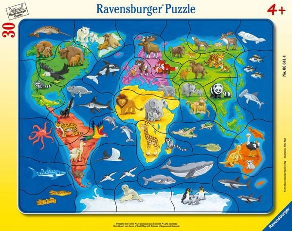 Rahmenpuzzle Weltkarte mit Tieren 30 Teile