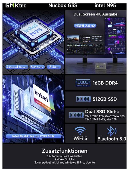 Produktbild: GMKtec Mini PC G3S-1 Intel&reg; Processor N95 8+256GB Intel&reg; Processor N95 3.4GHz 8GB RAM 256GB SSD Intel UHD Graphics Win 11 Pro G3S