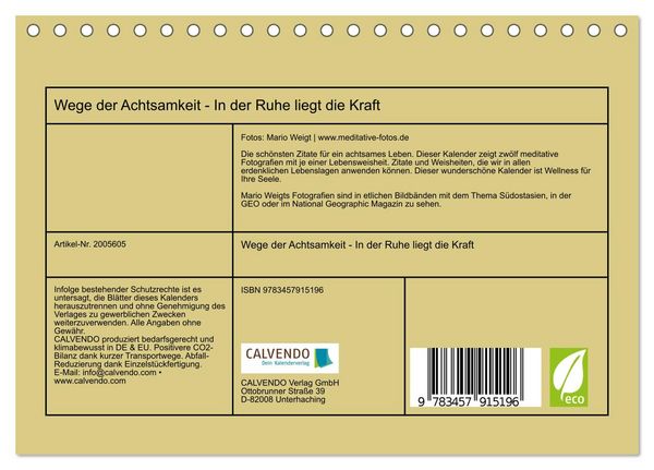 Produktbild: Wege der Achtsamkeit - In der Ruhe liegt die Kraft (Tischkalender 2026 DIN A5 quer), CALVENDO Monatskalender