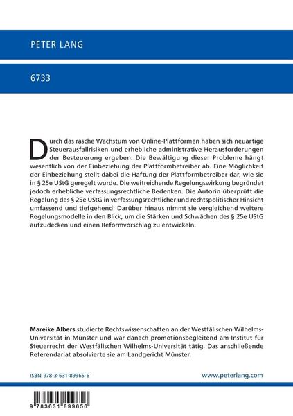 Produktbild: Die Haftung der Plattformbetreiber gem&auml;&szlig; &sect; 25e UStG und m&ouml;gliche Alternativen ihrer Einbeziehung in die Umsatzsteuererhebung