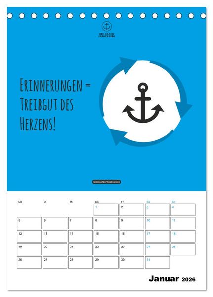 Produktbild: hafenprinzessin: Ankertr&auml;ume & Meer - Der moderne Zitate-Wandkalender f&uuml;r maritime Lebensmomente! (Tischkalender 2026 DIN A5 hoch), CALVENDO Monatskalender