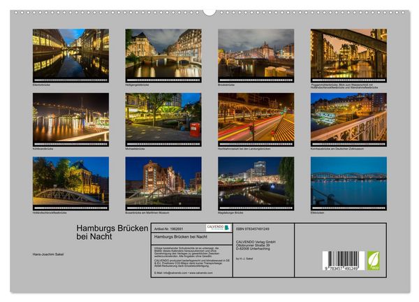 Produktbild: Hamburgs Br&uuml;cken bei Nacht (hochwertiger Premium Wandkalender 2026 DIN A2 quer), Kunstdruck in Hochglanz