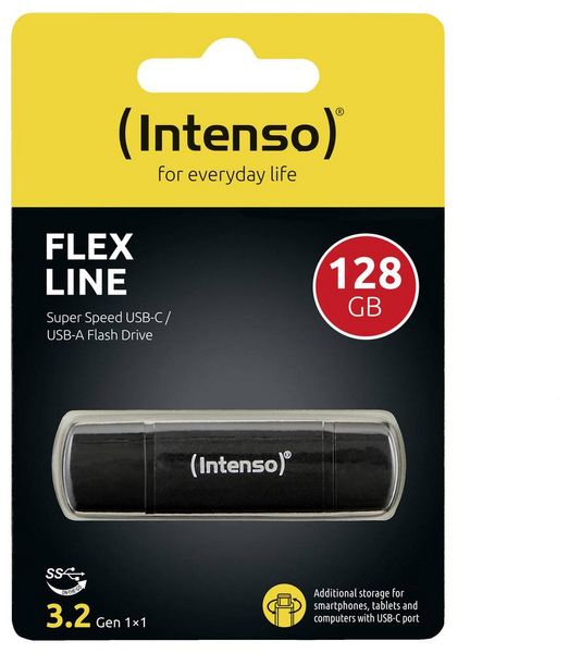 Produktbild: Intenso Flex Line USB-Stick Retail 128 GB Schwarz 3544491 USB-A (USB 3.2 Gen 1), USB-C&reg; (USB 3.2 Gen 1)