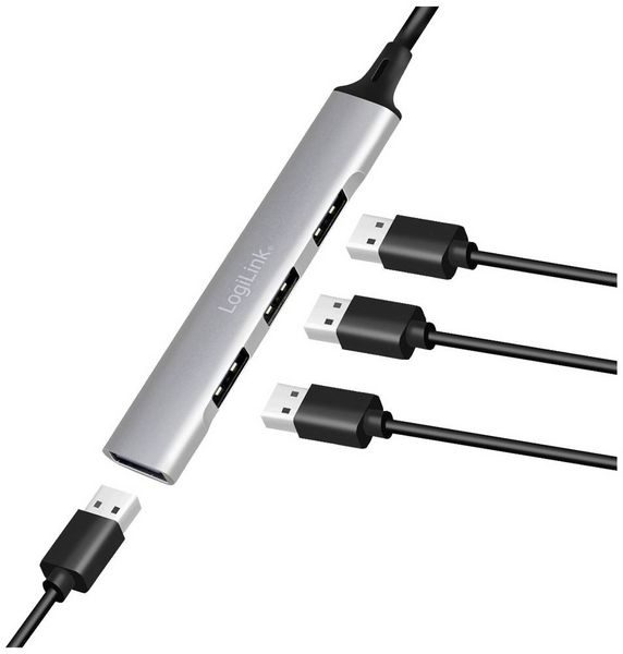 Produktbild: LogiLink UA0391 USB-Hub 4 Port USB-A USB 3.0 5 GBit/s Aluminium-Grau UA0391