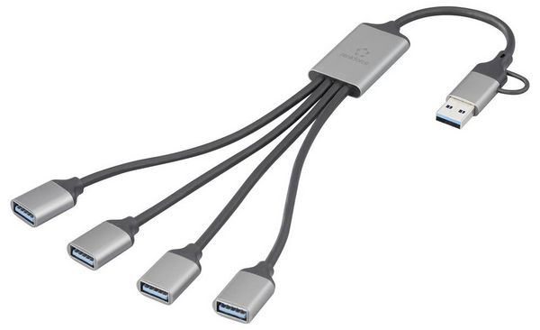 Produktbild: Renkforce RF-6861934 USB-Hub 4 Port USB-A USB 3.0 5 GBit/s mit Aluminiumgeh&auml;use Grau RF-HUB-300