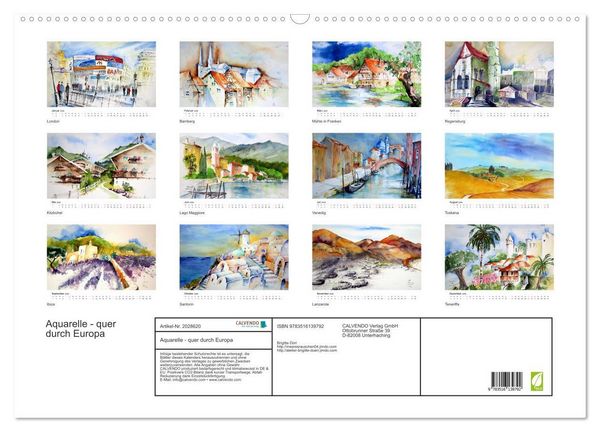 Produktbild: Aquarelle - quer durch Europa (Wandkalender 2026 DIN A2 quer), CALVENDO Monatskalender