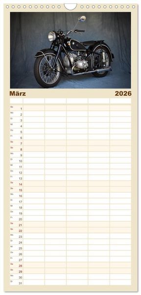 Produktbild: Familienplaner 2026 - Deutsche Motorrad - Legenden - Rollende Kunstwerke aus alten Zeiten mit 5 Spalten (Wandkalender, 21 x 45 cm) CALVENDO
