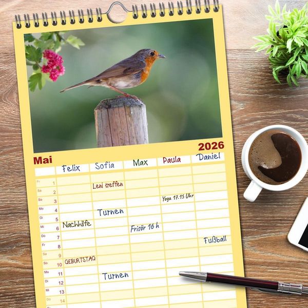 Produktbild: Familienplaner 2026 - Rotkehlchen - Fotografiert von Ostfriesenfotografie mit 5 Spalten (Wandkalender, 21 x 45 cm) CALVENDO