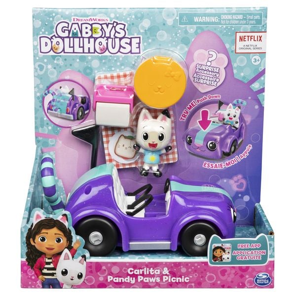 Gabby’s Dollhouse, Carlita-Spielzeugauto mit Pandy Paws Figur