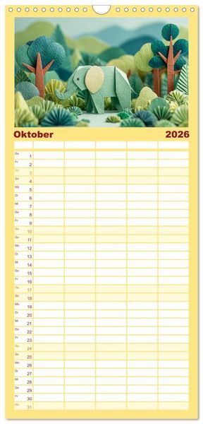 Produktbild: Familienplaner 2026 - Origami Zoo - Bunter Tierkalender f&uuml;r Kinder und Familien mit 5 Spalten (Wandkalender, 21 x 45 cm) CALVENDO