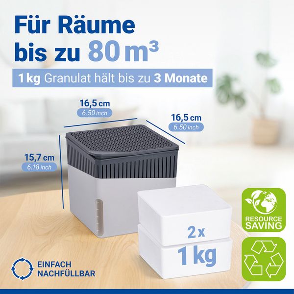 Produktbild: Raumentfeuchter Mod. Cube Grau 1000 g mit Nachf&uuml;ller, beugt Schimmel und Ger&uuml;chen vor