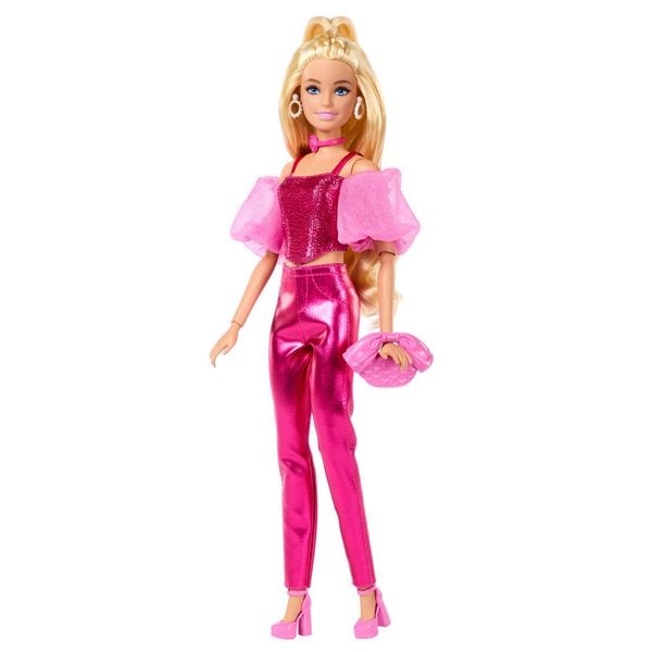 Produktbild: Barbie Deluxe Style-Modepuppe #5 in rosafarbenem Metallic-Outfit mit Korsett-Top und Accessoires, blond