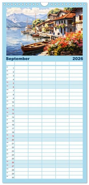 Produktbild: Familienplaner 2026 - S&uuml;dalpines Flair - Seen, Berge und Fantasiest&auml;dte mit 5 Spalten (Wandkalender, 21 x 45 cm) CALVENDO