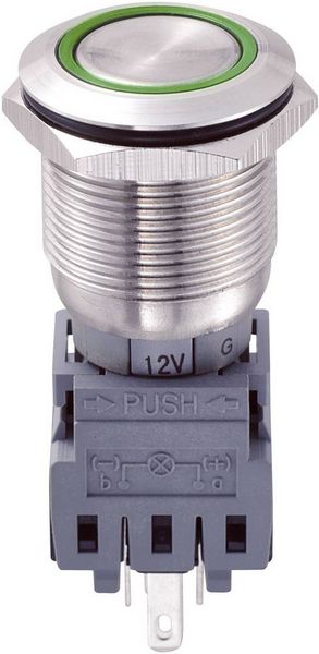 TRU COMPONENTS 701918 LAS1-BGQ-11ZE/G/12V Vandalismusgeschützter Druckschalter 250 V/AC 5 A 1 x Aus/Ein rastend Grün IP67 1 St.