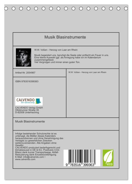 Produktbild: Musik Blasinstrumente (Tischkalender 2026 DIN A5 hoch), CALVENDO Monatskalender