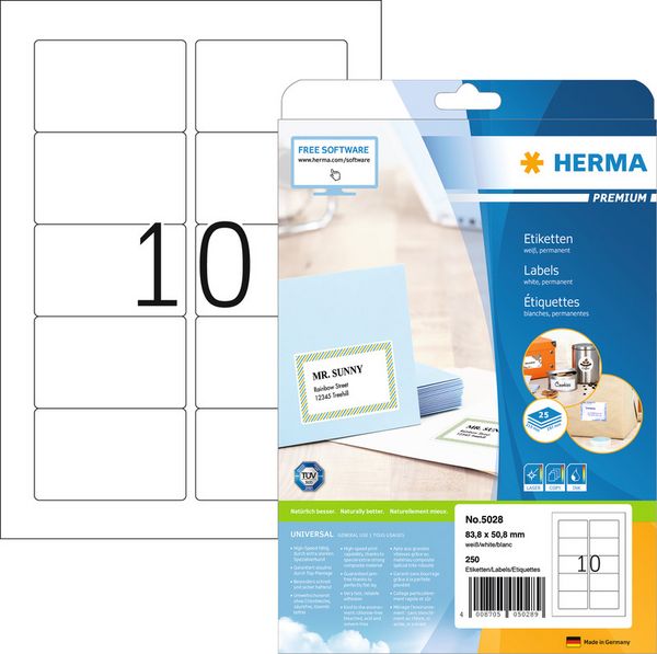 Produktbild: HERMA Etiketten permanent wei&szlig; 83,8x50,8mm 25 Blatt 250 St&uuml;ck