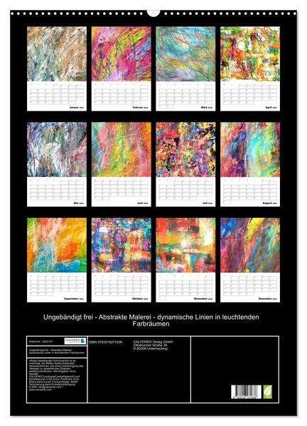 Produktbild: Ungeb&auml;ndigt frei - Abstrakte Malerei - dynamische Linien in leuchtenden Farbr&auml;umen (Wandkalender 2026 DIN A2 hoch), CALVENDO Monatskalender