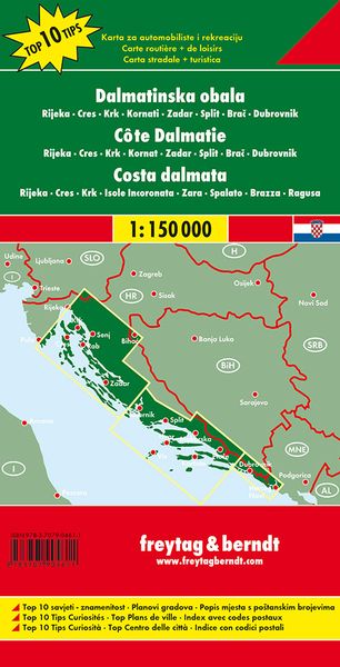 Dalmatinische Küste, Rijeka - Cres - Krk - Kornaten - Zadar - Split - Brac - Dubrovnik, Autokarte 1:150.000
