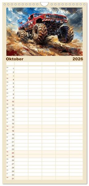 Produktbild: Familienplaner 2026 - Wilde Monstertrucks mit 5 Spalten (Wandkalender, 21 x 45 cm) CALVENDO