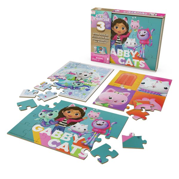 Produktbild: Gabby&rsquo;s Dollhouse Holzpuzzle-Sammlung, 3 miau-tastische Puzzle-Motive mit stabiler Holzbox , jedes besteht aus 24 Teilen, ab 3 Jahren