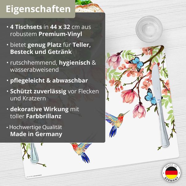 Produktbild: Tischsetmacher Tischsets Kolibris und Schmetterlinge, aus hochwertigem Vinyl (4 St&uuml;ck), 44 x 32 cm