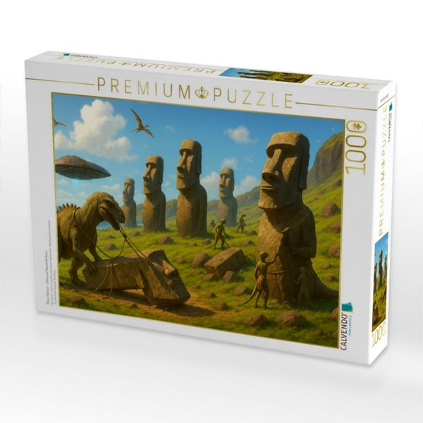 Produktbild: CALVENDO Puzzle Moai-Statuen - Dinos auf Baustellenkurs | 1000 Teile Lege-Gr&ouml;&szlig;e 64x48cm Foto-Puzzle f&uuml;r gl&uuml;ckliche Stunden