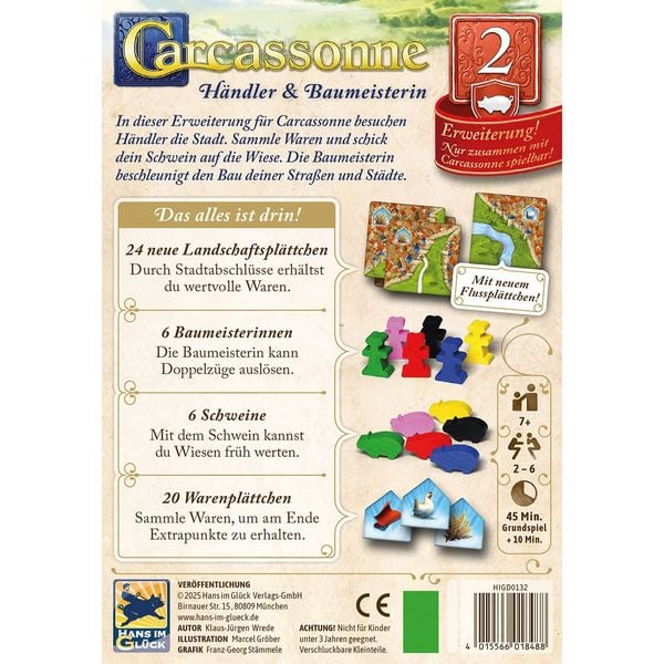 Produktbild: Hans im Gl&uuml;ck HIGD0132 - Carcassonne, H&auml;ndler & Baumeisterin (Auflage 2025), 2. Erweiterung